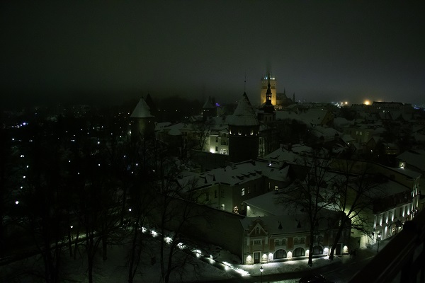 Medieval European town on a snowy night